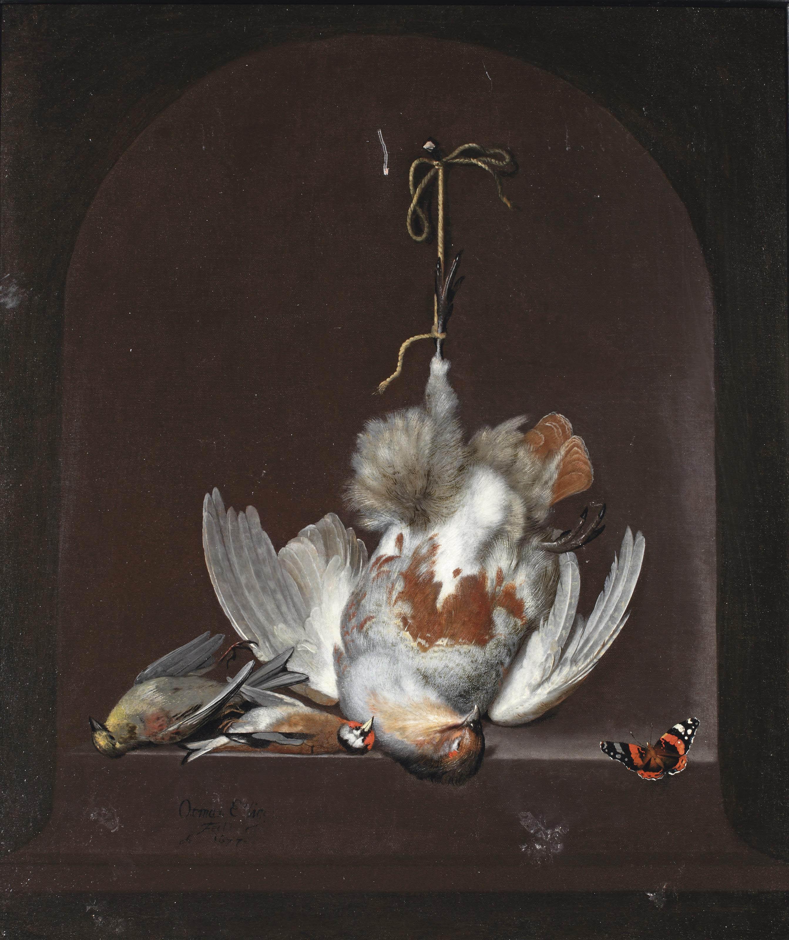 Ottmar Elliger I - A partridge, a goldfinch, a yellowhammer and a Red Admiral on a marble ledge in a niche