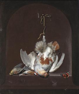 Ottmar Elliger I - A partridge, a goldfinch, a yellowhammer and a Red Admiral on a marble ledge in a niche