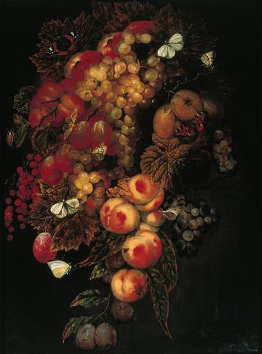 Ottmar Elliger I - A swag of grapes, prunes, peaches, pomegranates with butterflies and a beetle