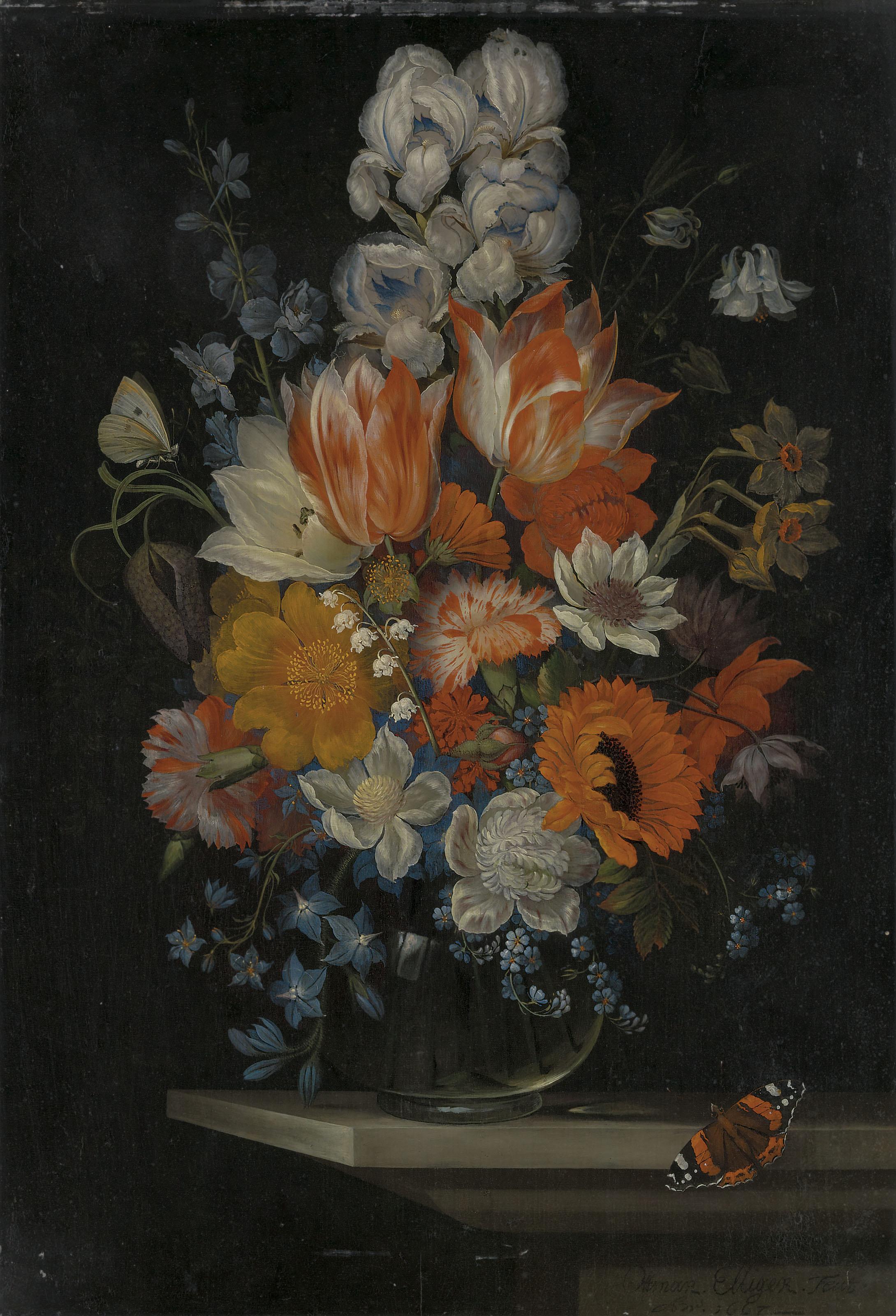 Ottmar Elliger I - Tulips, irises, poppies, carnations and other flowers in a glass vase with two butterflies on a stone ledge
