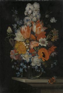 Ottmar Elliger I - Tulips, irises, poppies, carnations and other flowers in a glass vase with two butterflies on a stone ledge