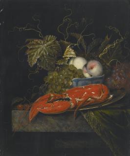 Ottmar Elliger The Elder - Still Life With Grapes, Peaches And A Lobster, All On A Marble Ledge