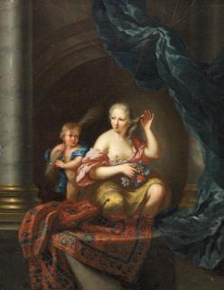 Ottmar Elliger The Younger - An Allegory of Lent with a lady at a stone arch preparing fish; and An Allegory of Summer with a lady holding a garland of flowers and a boy holding a sheaf of corn