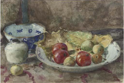 Otto B. de Kat - A still life with apples on a kitchen table