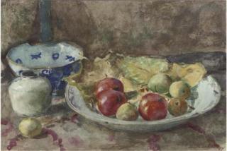 Otto B. de Kat - A still life with apples on a kitchen table