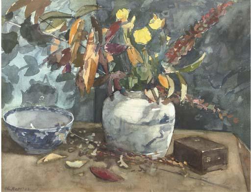 Otto B. de Kat - A still life with autumn flowers in a vase