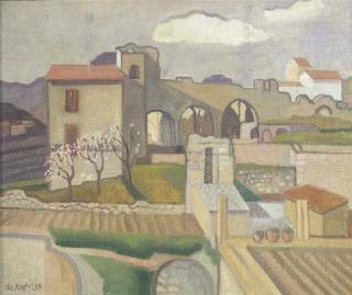 Otto B. De Kat - Houses and ruins among blossoming trees