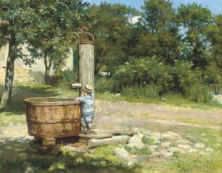 Otto Bache - A child playing at a water pump