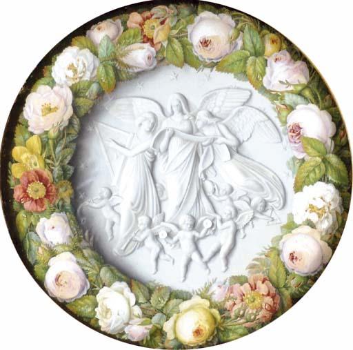 Otto Didrik Ottesen - A garland of flowers surrounding a marble relief, after The Book of Life by Thorvaldsen