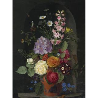 Otto Didrik Ottesen - Danish A Bouquet In A Wedgwood Rosso Antico Vase, Set In A Niche