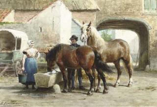 Otto Eerelman - Tending to the horses in a courtyard