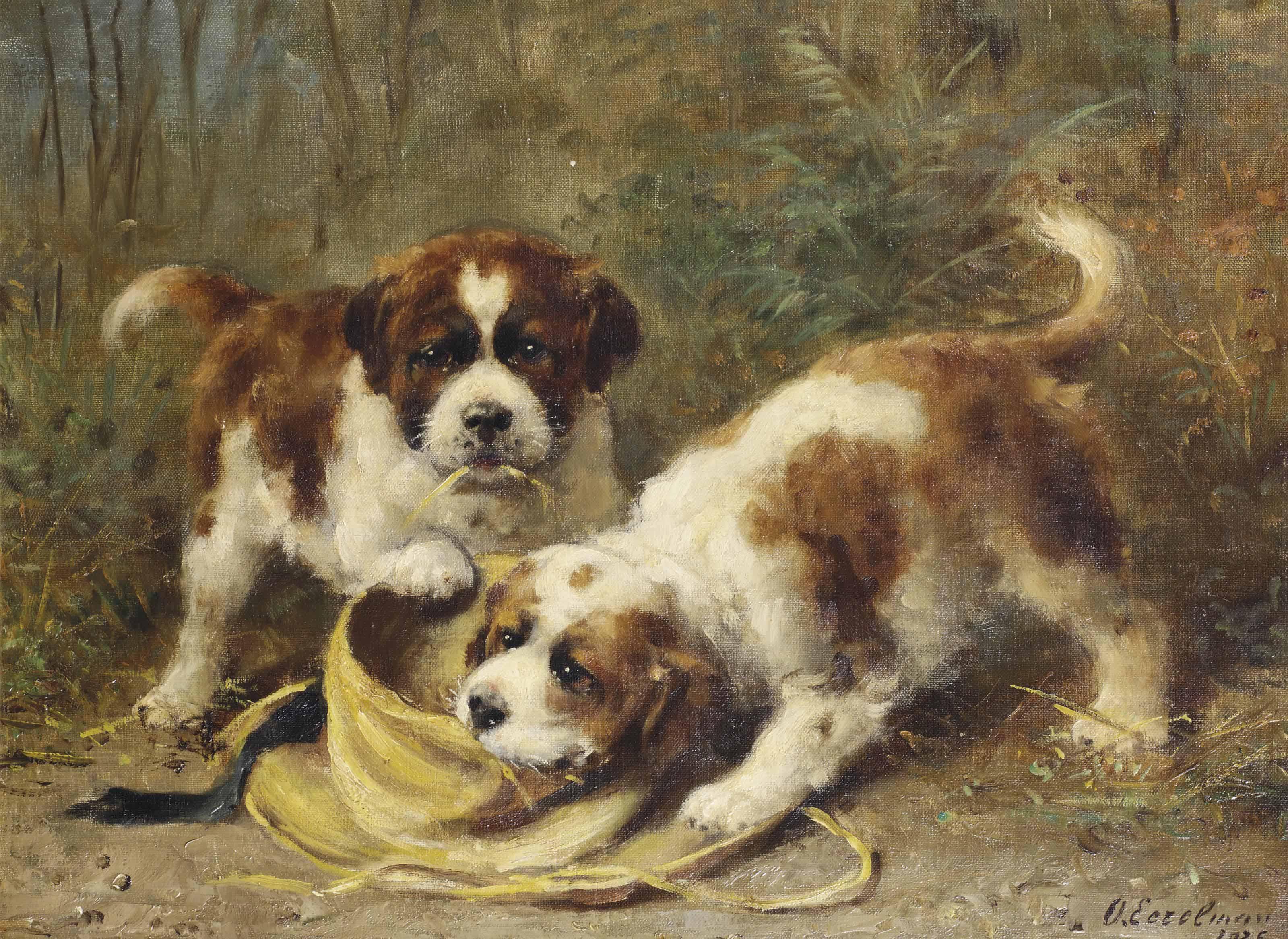 Otto Eerelman - Two Saint-Bernard Puppies Playing With A Hat