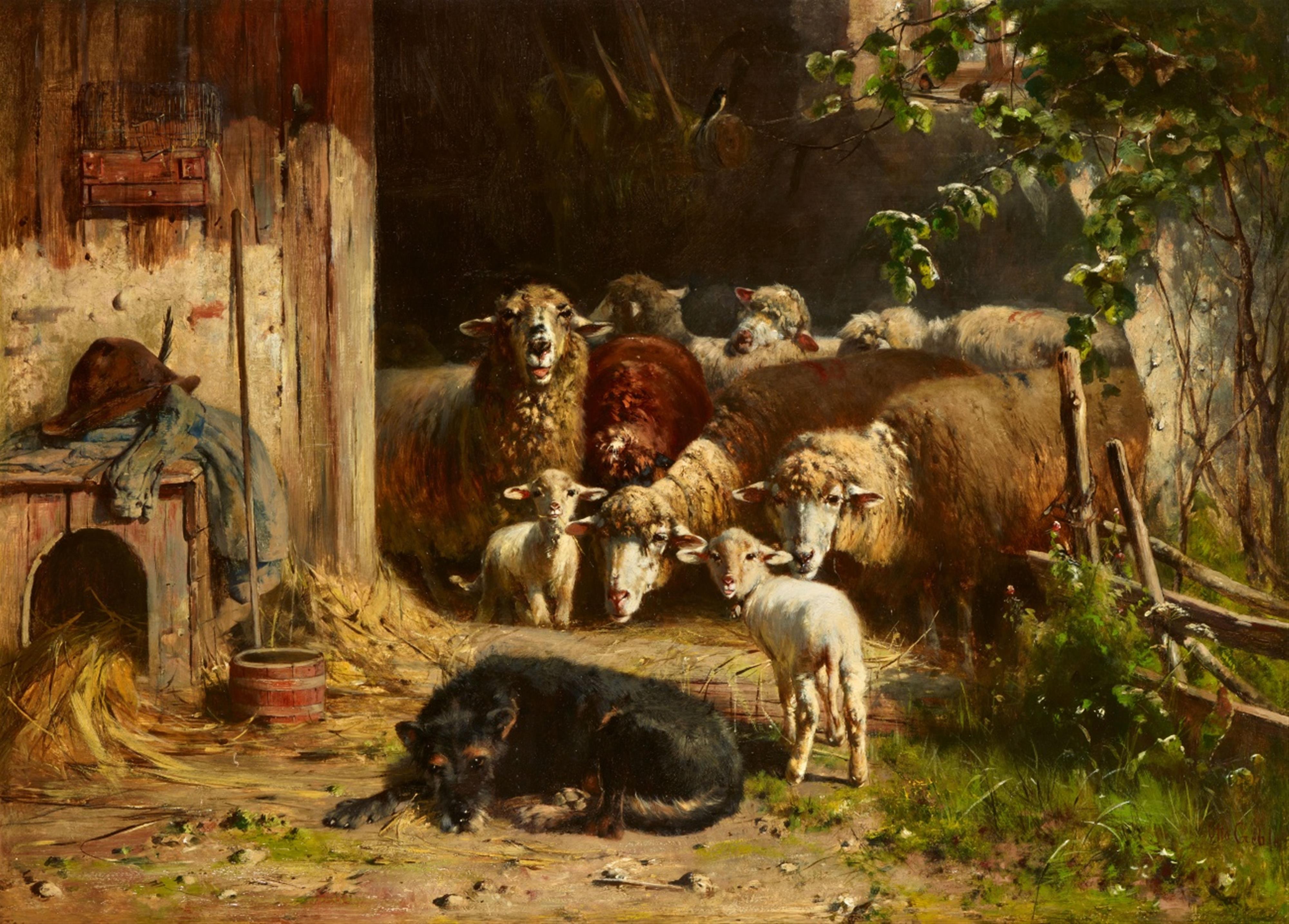 Otto Friedrich Gebler - Schafe im Stall mit einem Hund