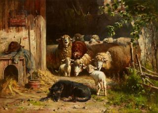 Otto Friedrich Gebler - Schafe im Stall mit einem Hund