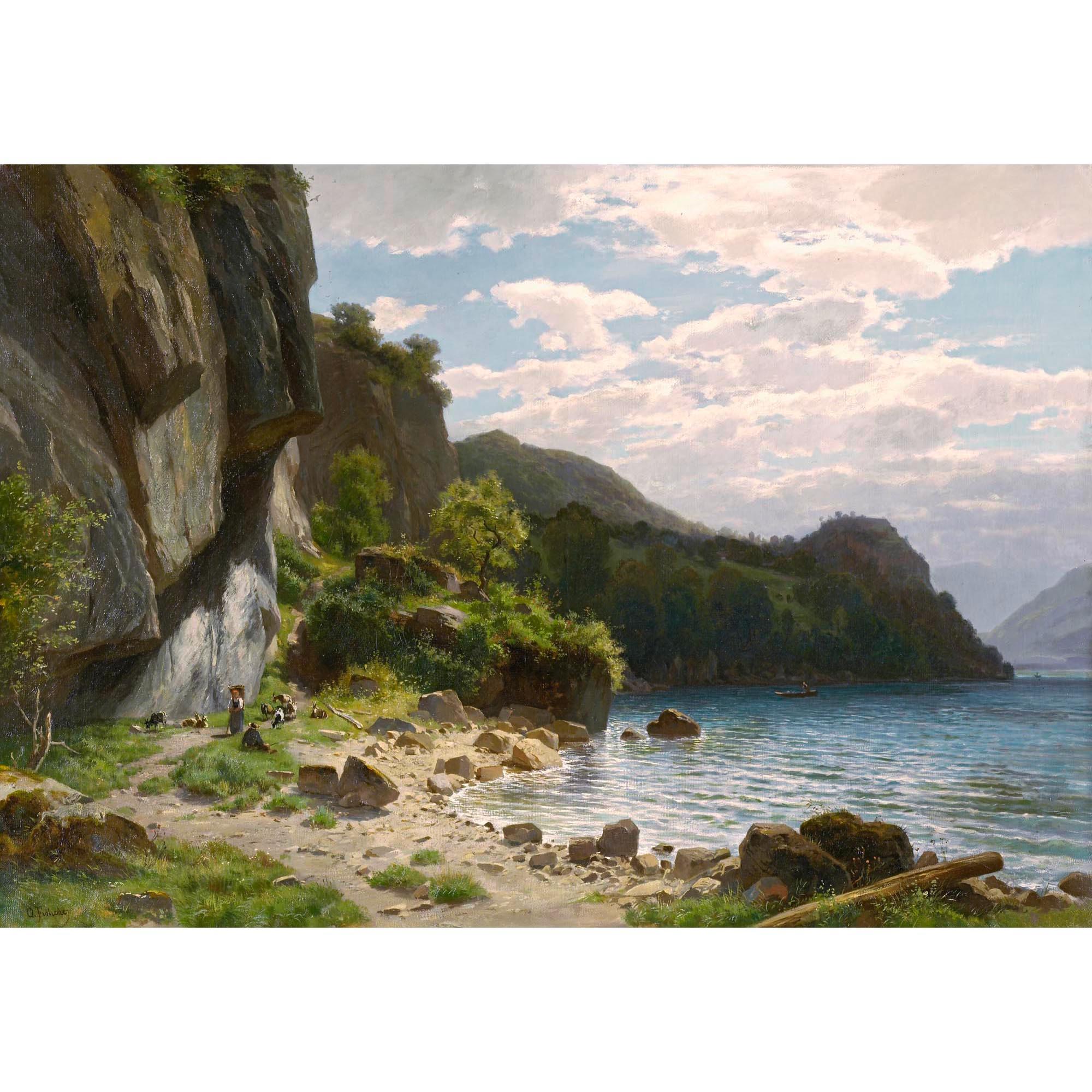 Otto Frölicher - Ziegenhirten Mit Herde Am Seeufer Goatherd With Flock At The Lakeside