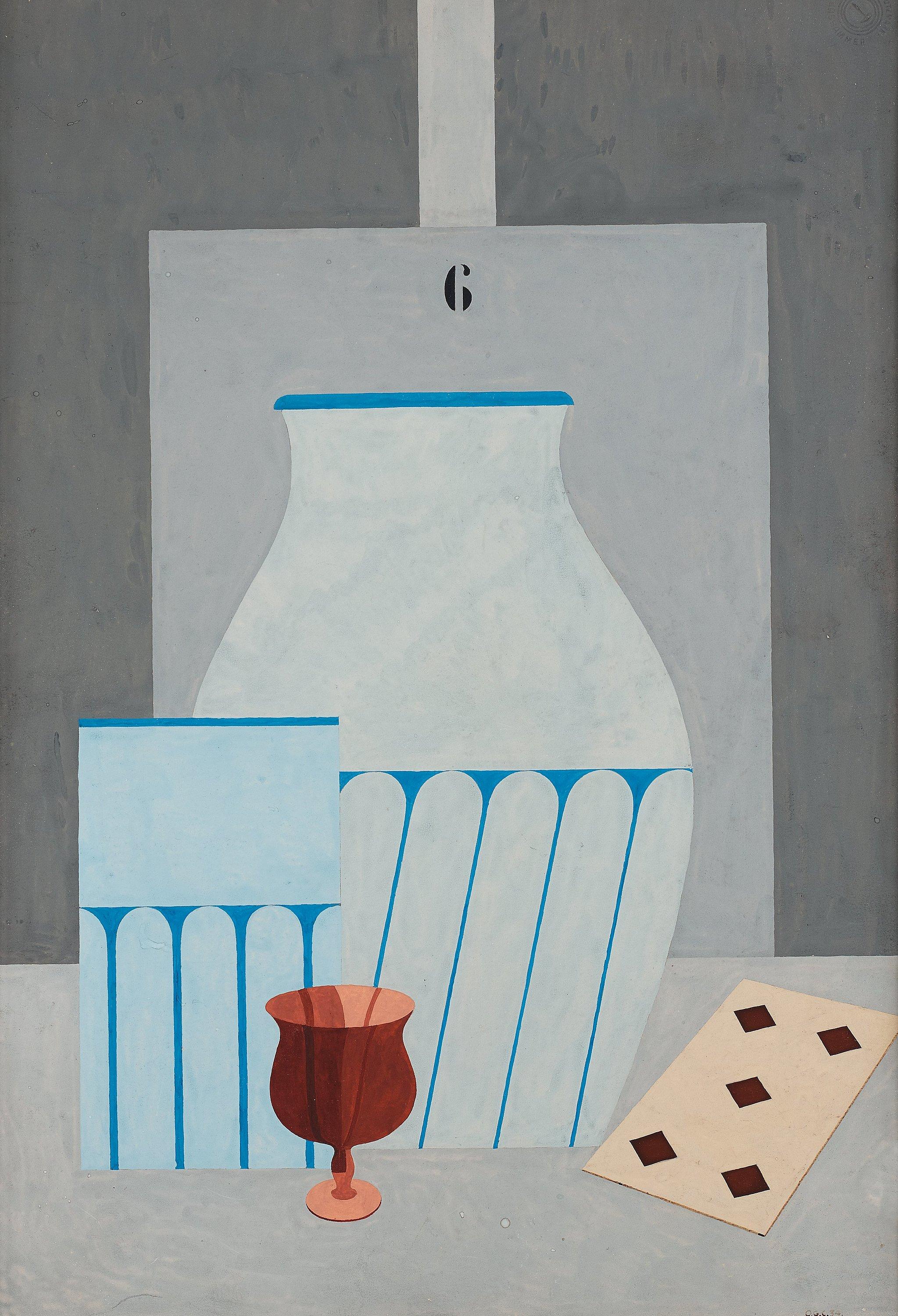Otto G Carlsund - Still life with glass, vases and playing cards.