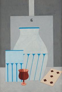 Otto G Carlsund - Still life with glass, vases and playing cards.