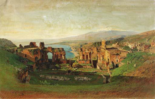 Otto Geleng - A view of Taormina, with Mount Etna beyond