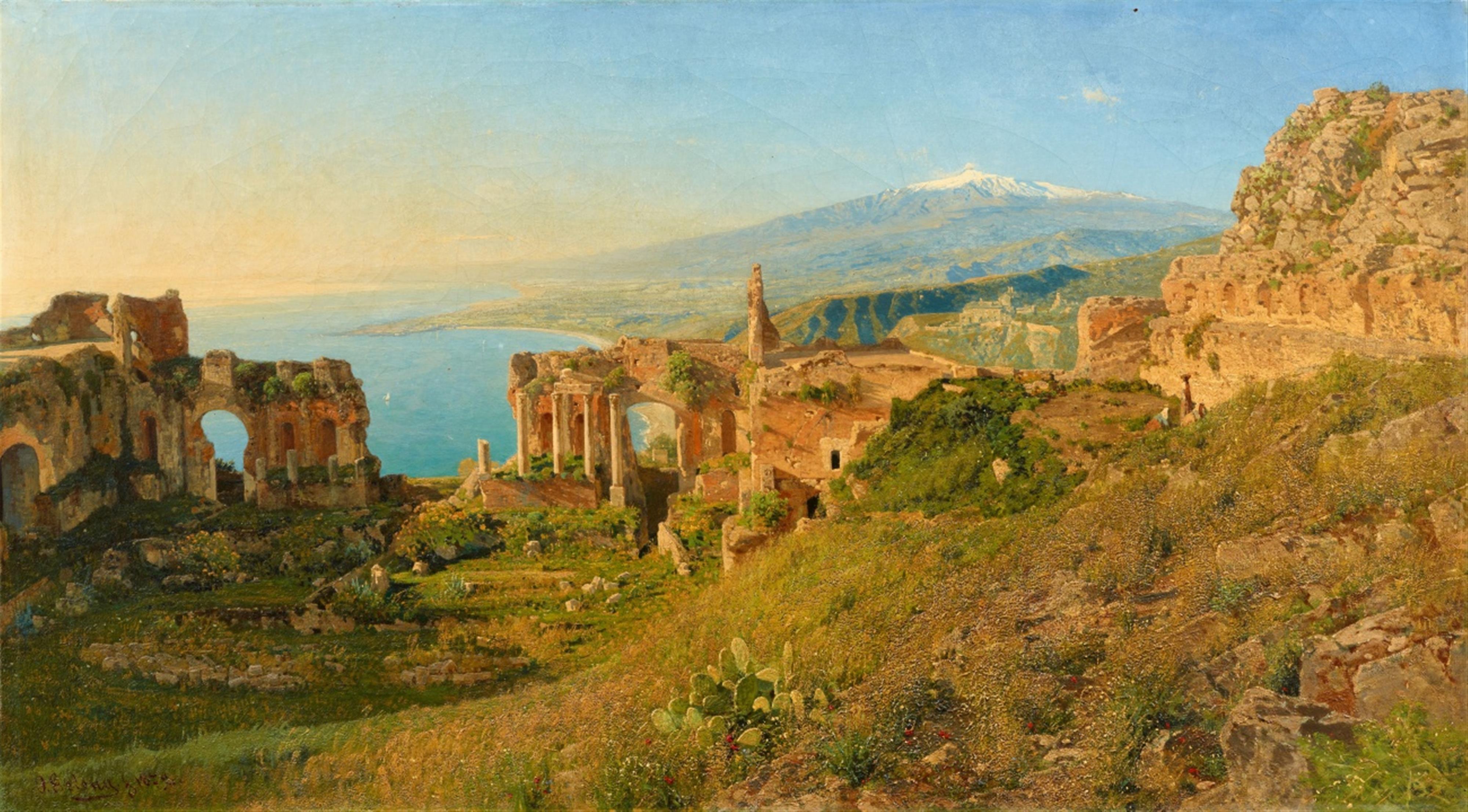 Otto Geleng - Blick auf das antike Theater in Taormina mit dem schneebedeckten Ätna im Hintergrund