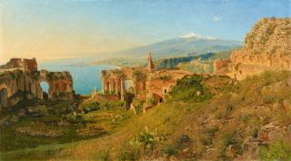 Otto Geleng - Blick auf das antike Theater in Taormina mit dem schneebedeckten Ätna im Hintergrund