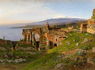 Otto Geleng - Taormina. Blick über die Ruinenstadt im Morgenlicht. Im Hintergrund der schneebedeckte Ätna