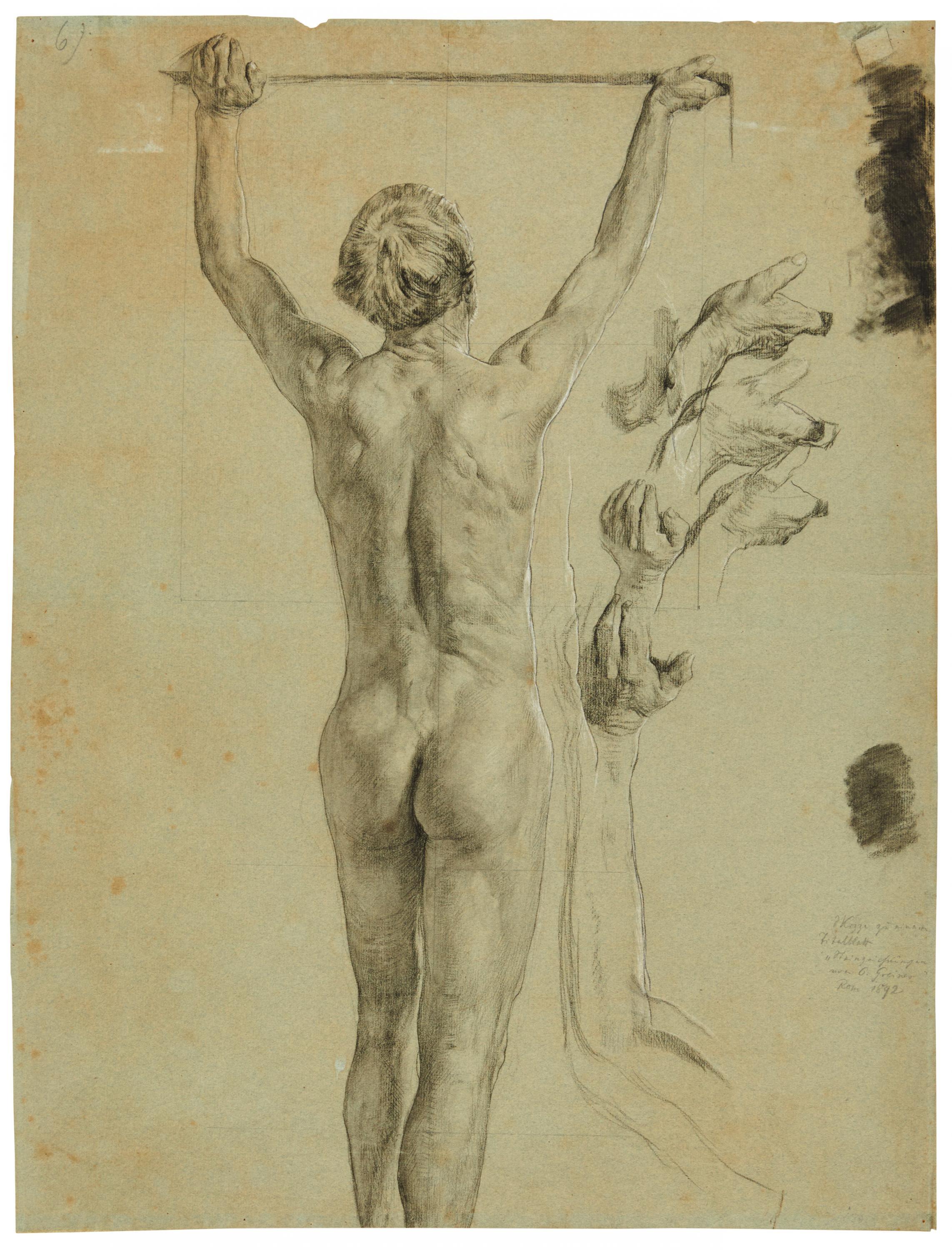 Otto Greiner - Aktstudie eines Knaben von hinten sowie Handstudien.