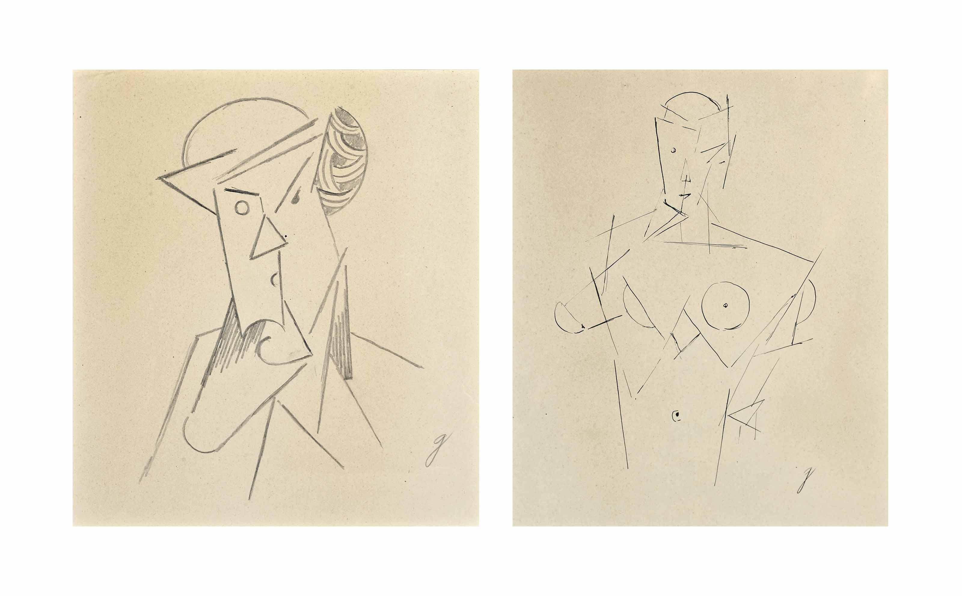 Otto Gutfreund - Cubist Man With Hat; Study Of A Woman