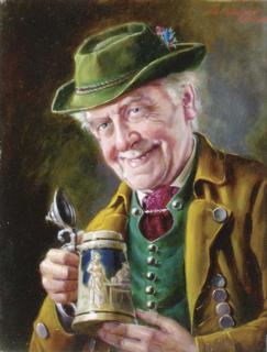 Otto Kirchner - An old man holding a stein; also two companion paintings