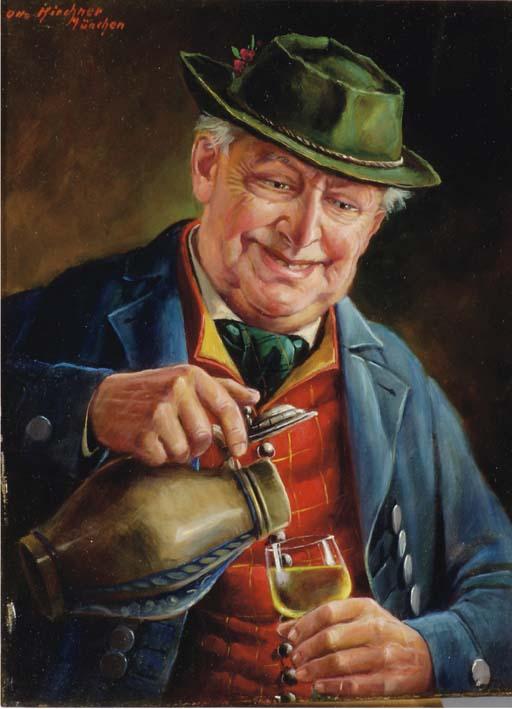 Otto Kirchner - An old man with a glass of wine and a pipe; also a companion painting