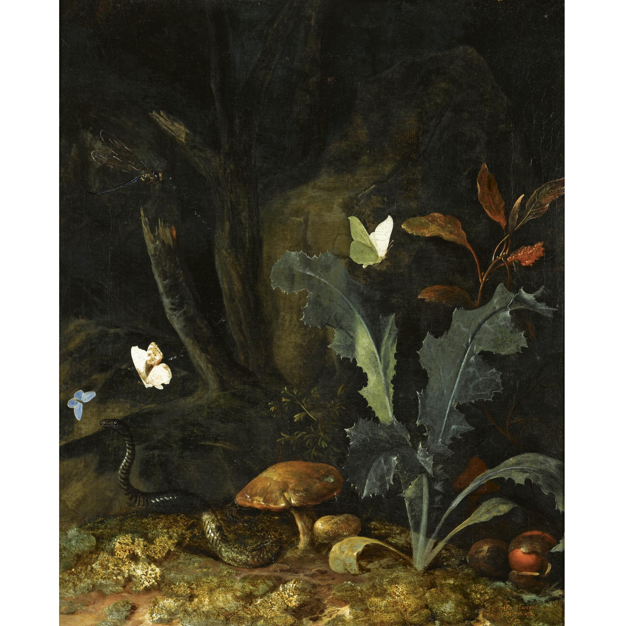 Otto Marseus van Schrieck - Nocturnal Forest Landscape With A Thistle, Chestnuts And Mushrooms, A Viper, Three Moths And A Dragon-Fly