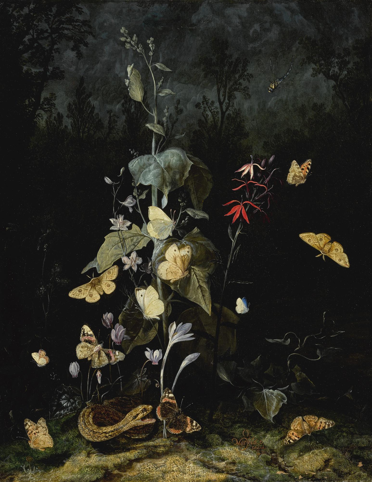 Otto Marseus Van Schrieck - Still Life Of Wild Flowers, Including Cyclamen, Crocus, Delphinium, With A Snake And Butterflies
