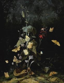 Otto Marseus Van Schrieck - Still Life Of Wild Flowers, Including Cyclamen, Crocus, Delphinium, With A Snake And Butterflies