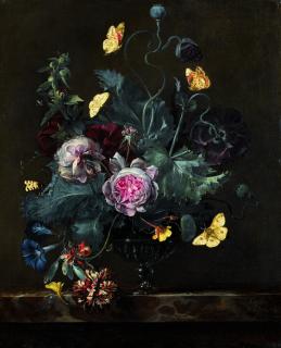 Otto Marseus Van Schrieck - Still Life With Flowers In A Glass Vase, On A Marble Ledge, With Butterflies And Moths