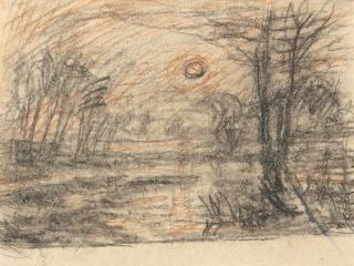 Otto Modersohn - 2 Bll.: Tümpel mit Birken und kleiner Figur / Bäume am Wasser mit Mond