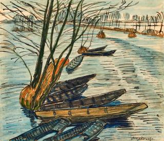 Otto Modersohn - Fischerhuder Überschwemmungslandschaft mit Booten