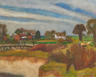 Otto Modersohn - Häuser bei Düvelsdorf - Kätzchenbüsche.