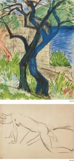 Otto Müller - Flussufer Mit Blauem Baum Or Landschaft Am Ufer Eines Flusses Mit Blauem Baum (Riverbank With Blue Tree Or Landscape By A Riverbank With Blue Tree) - Recto Weiblicher Akt (Female Nude) - Verso