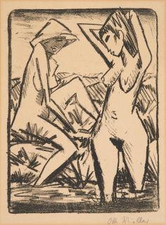 Otto Mueller - Im Wasser stehendes und am Ufer sitzendes Mädchen mit Hut (Mädchen im Bade)