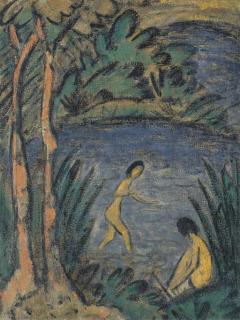 Otto Mueller - Sitzende Und Badende Mit Zwei Bäumen