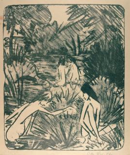 Otto Mueller - Waldsee mit drei badenden und einem sitzenden Mädchen 2.