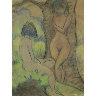 Otto Mueller - Zwei Mädchen, Eine An Einen Baum Gelehnt, Die Andere Links Vorne Im Gras Sitzend (Two Girls, One Of Them Leaning Against A Tree, The Other One Sitting In The Grass, Front Left) 