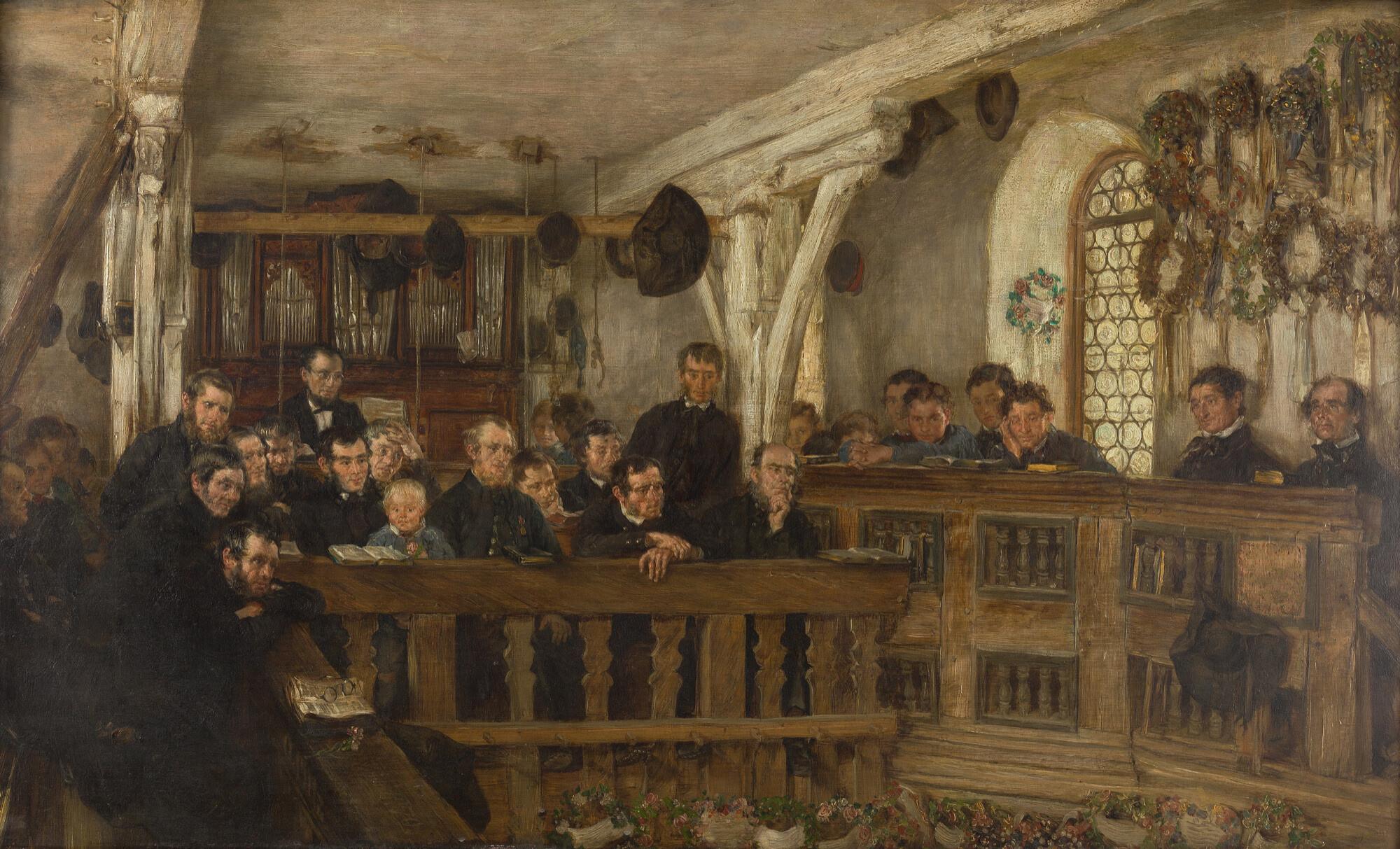 Otto Piltz - Ostermorgen: Männerchor auf der Empore einer Dorfkirche.