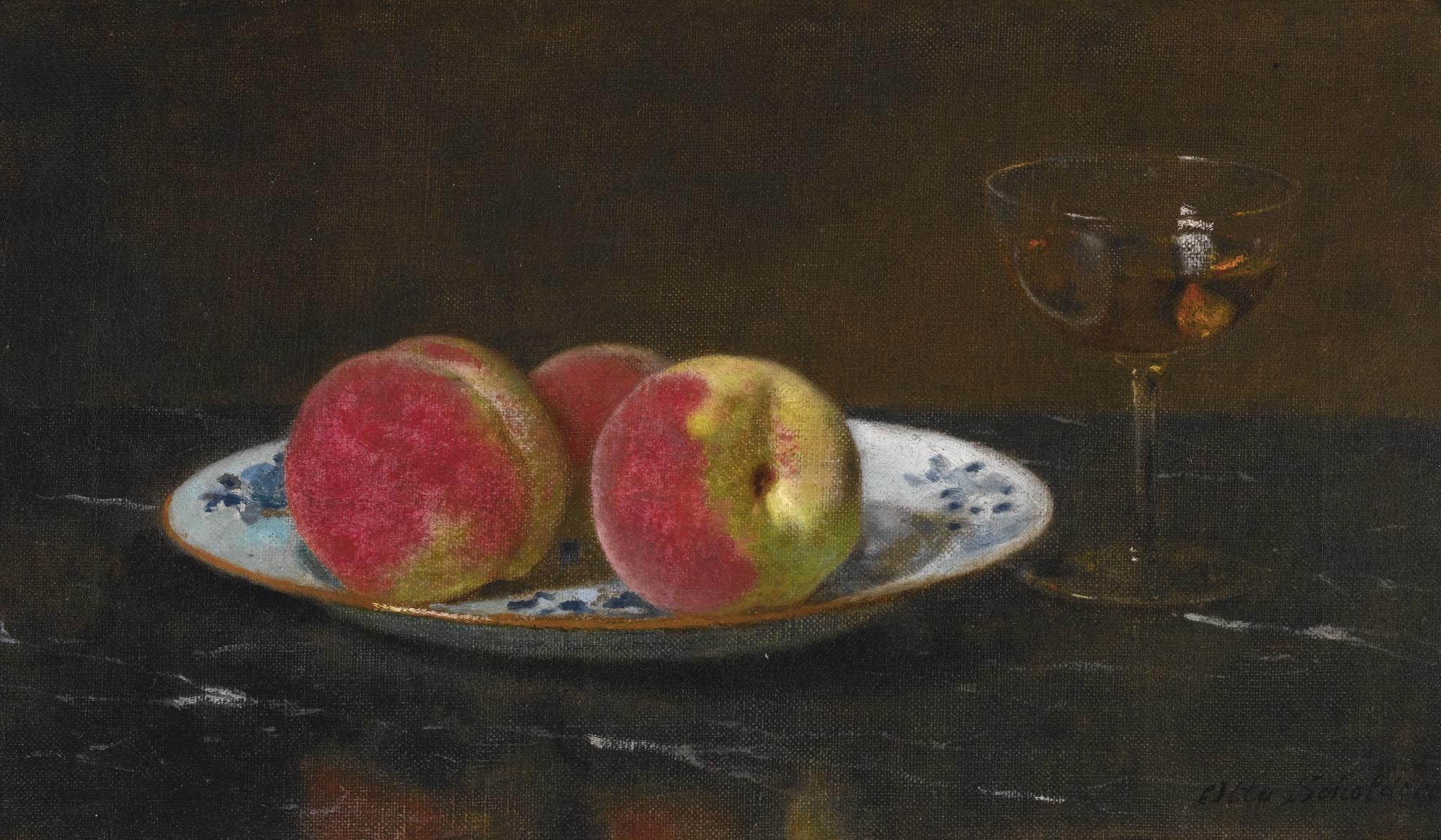 Otto Scholderer - German still Life With Peaches And Glass