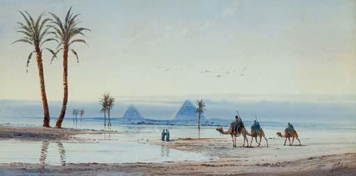 Otto Tilche - An oasis before the Pyramids at Giza (illustrated); and A caravan before the Great Pyramid