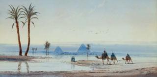 Otto Tilche - An oasis before the Pyramids at Giza (illustrated); and A caravan before the Great Pyramid
