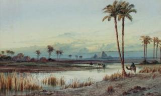 Otto Tilche - Arabs at an oasis, with a village and the Pyramids beyond