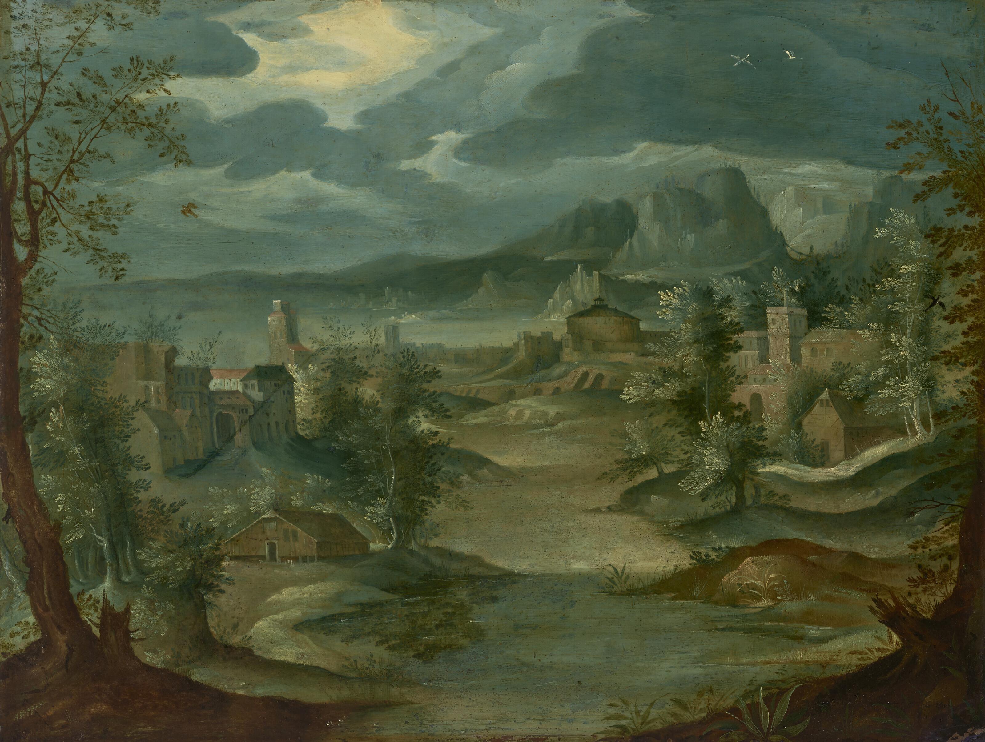 Otto Van Veen - An extensive imaginary landscape with Italianate buildings by a river, a lake beyond