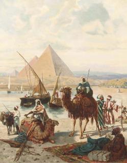 Otto Von Ruppert - Nomads resting by the river with Pyramids beyond