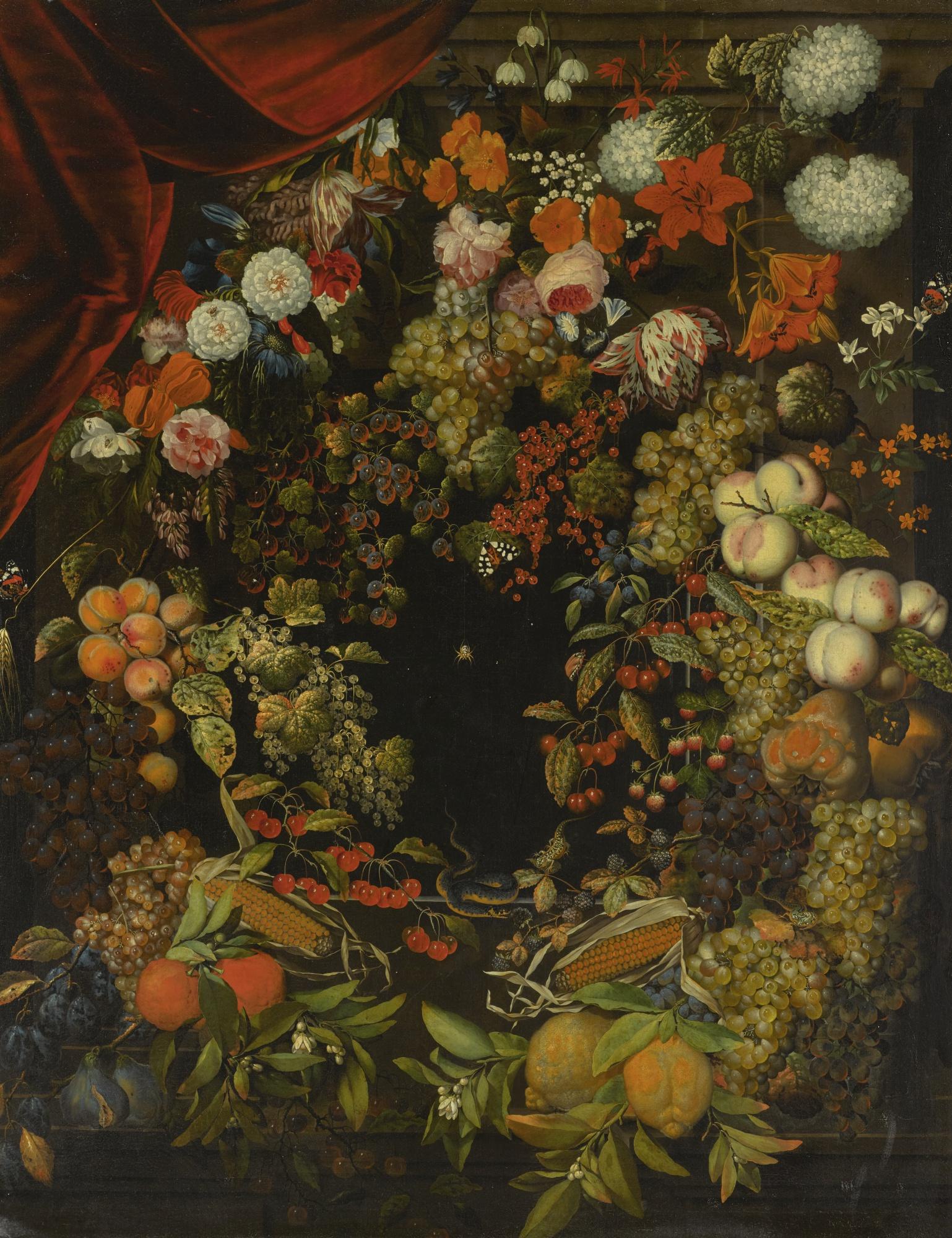Ottomar Elliger the Elder - A Garland Of Flowers And Fruit Around A Stone Niche With Butterflies, A Snake And A Spider