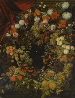 Ottomar Elliger the Elder - A Garland Of Flowers And Fruit Around A Stone Niche With Butterflies, A Snake And A Spider